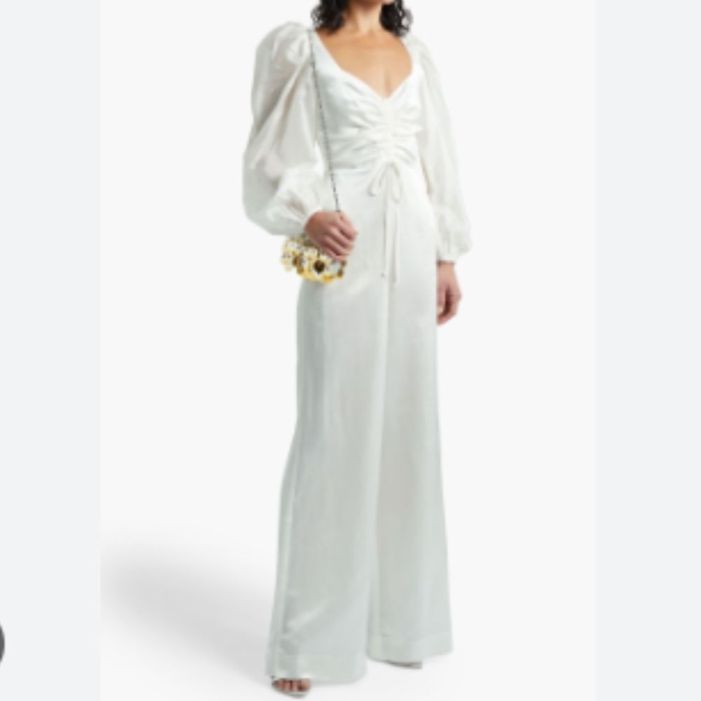 NEW Vanessa Cocchiaro Ivory Anandi Organza Paneled Ruched Shantung Jumpsuit Sz 4